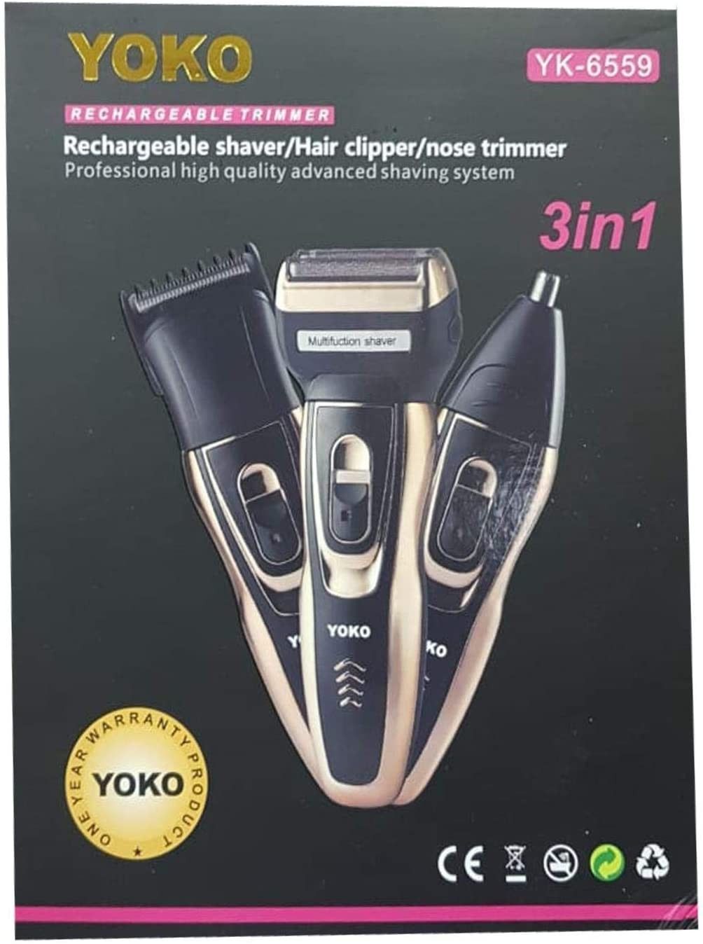 Yoko Hair Clipper+Smoother+Nose Trimmer Professional Home Barber Set - Black, Gold