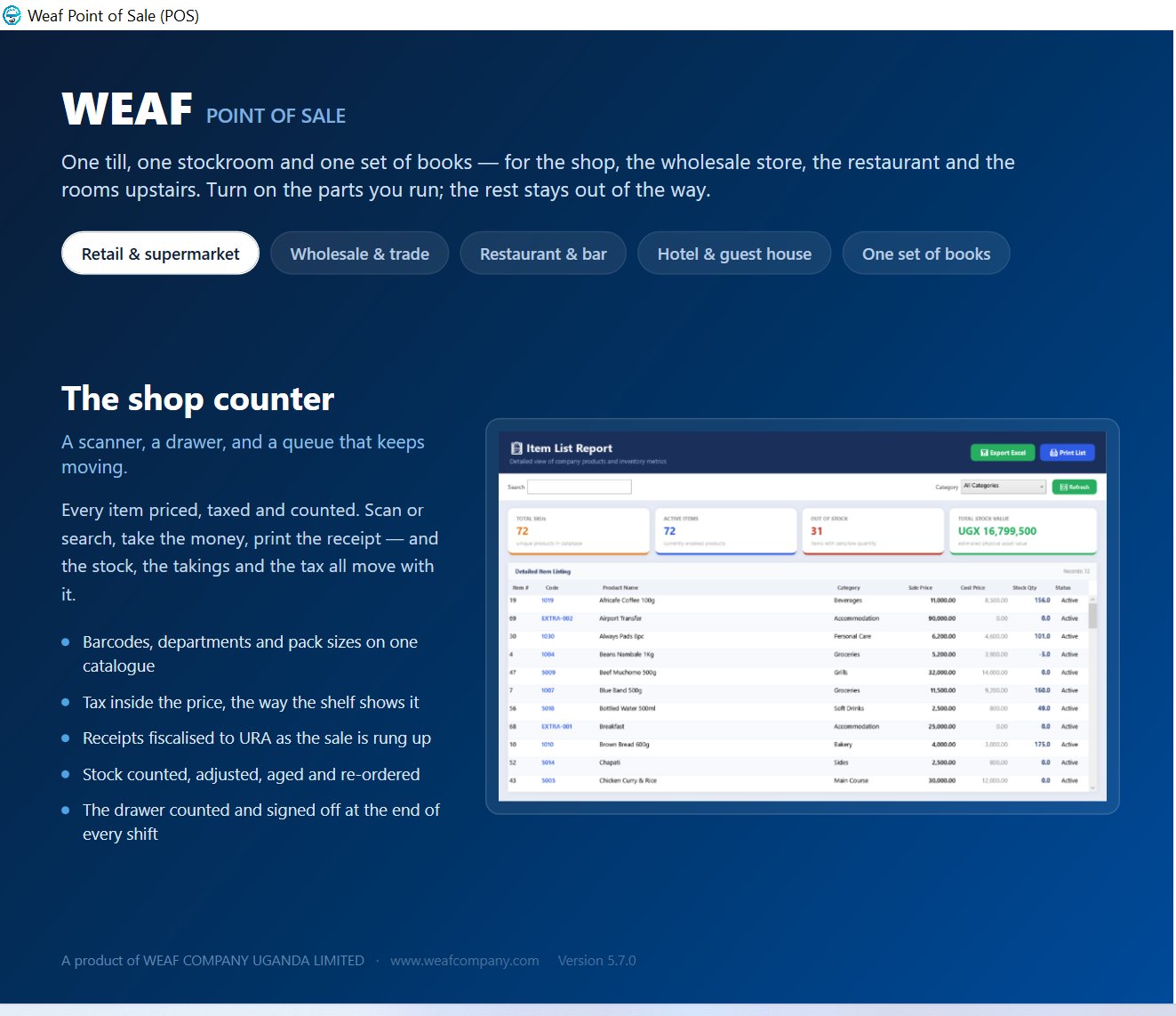 The item list: stock on hand, sale price and cost price for every line
