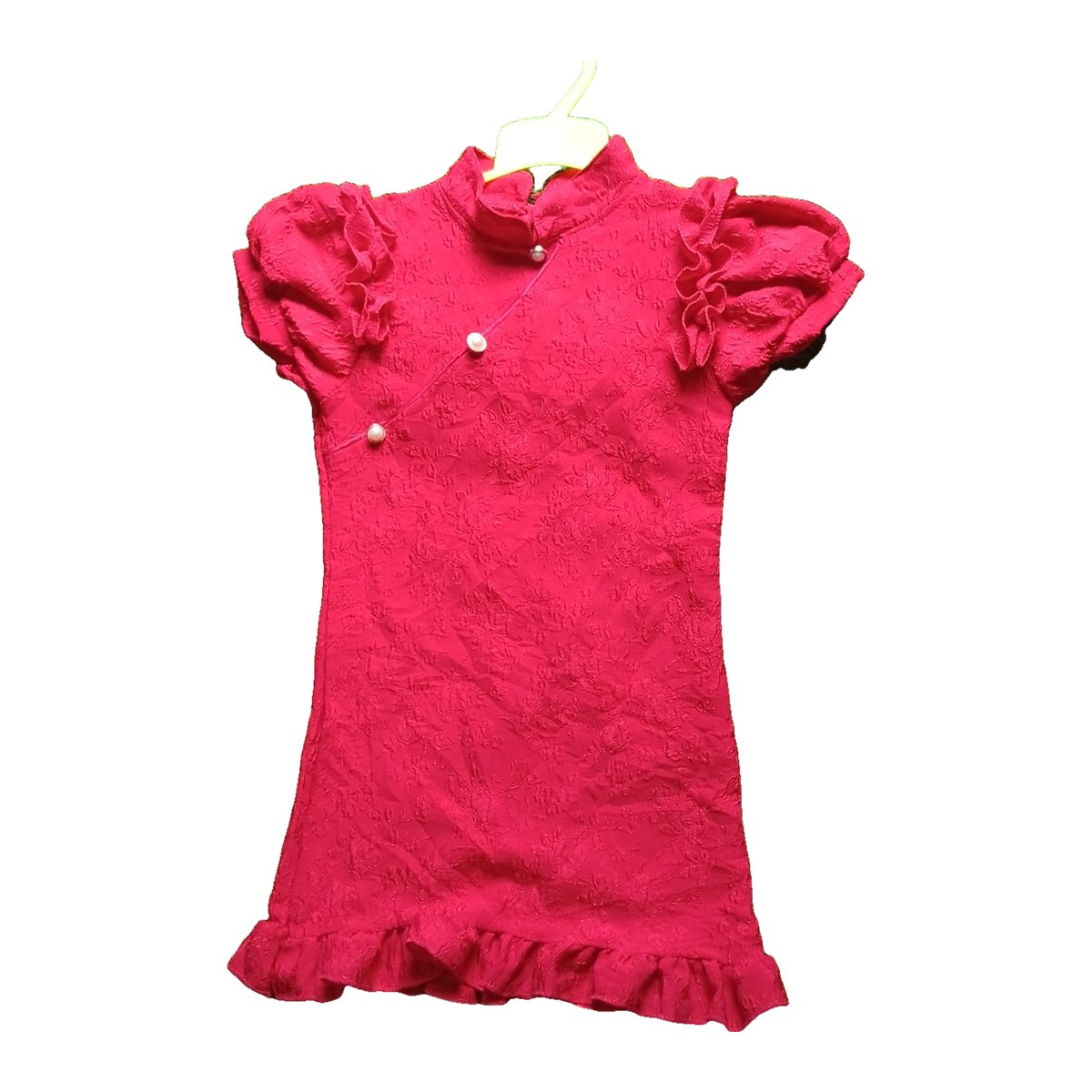 Girls' Deep Pink Textured Dress with Pearl Buttons