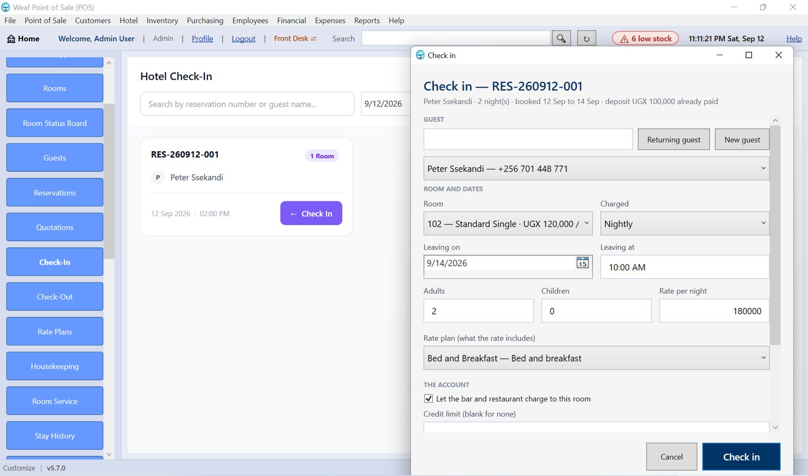 Checking a guest in: the room, how it is sold, the rate plan, and whether the bar and restaurant may charge to the room