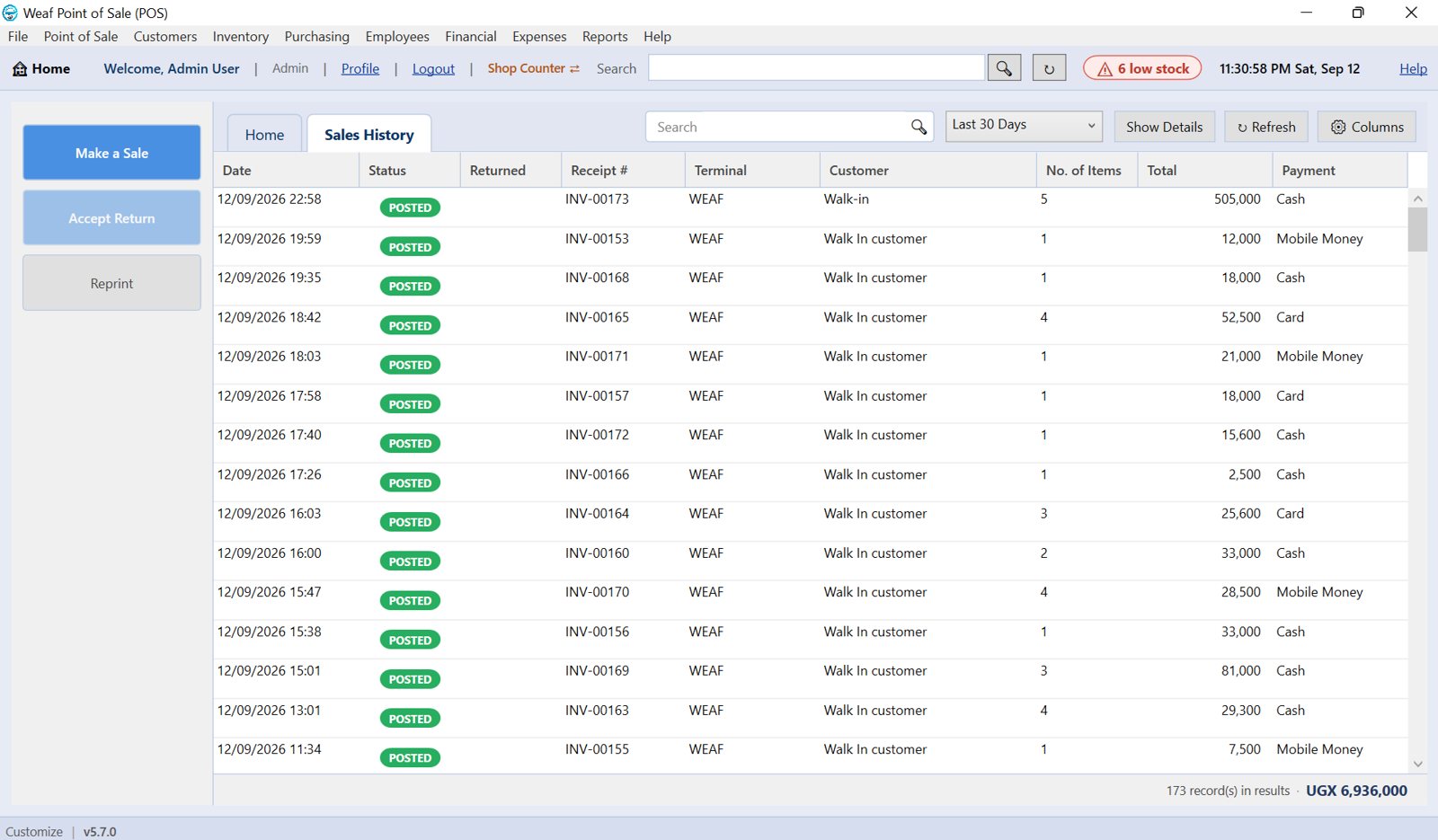Sales history: every receipt, the terminal it was rung on and how it was paid