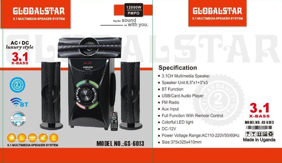 Global Star Home Speaker System Gs-6013 3.1 Channel Hifi Enabled Globalstar Speakers Globalster Woofer New Model Speakers - Black