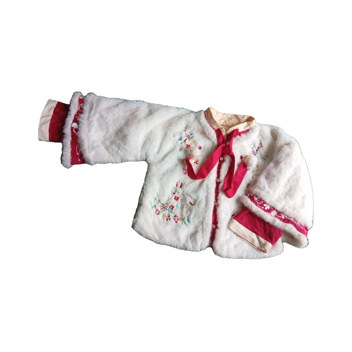 Girls' White Faux Fur Party Jacket with Ribbon Tie
