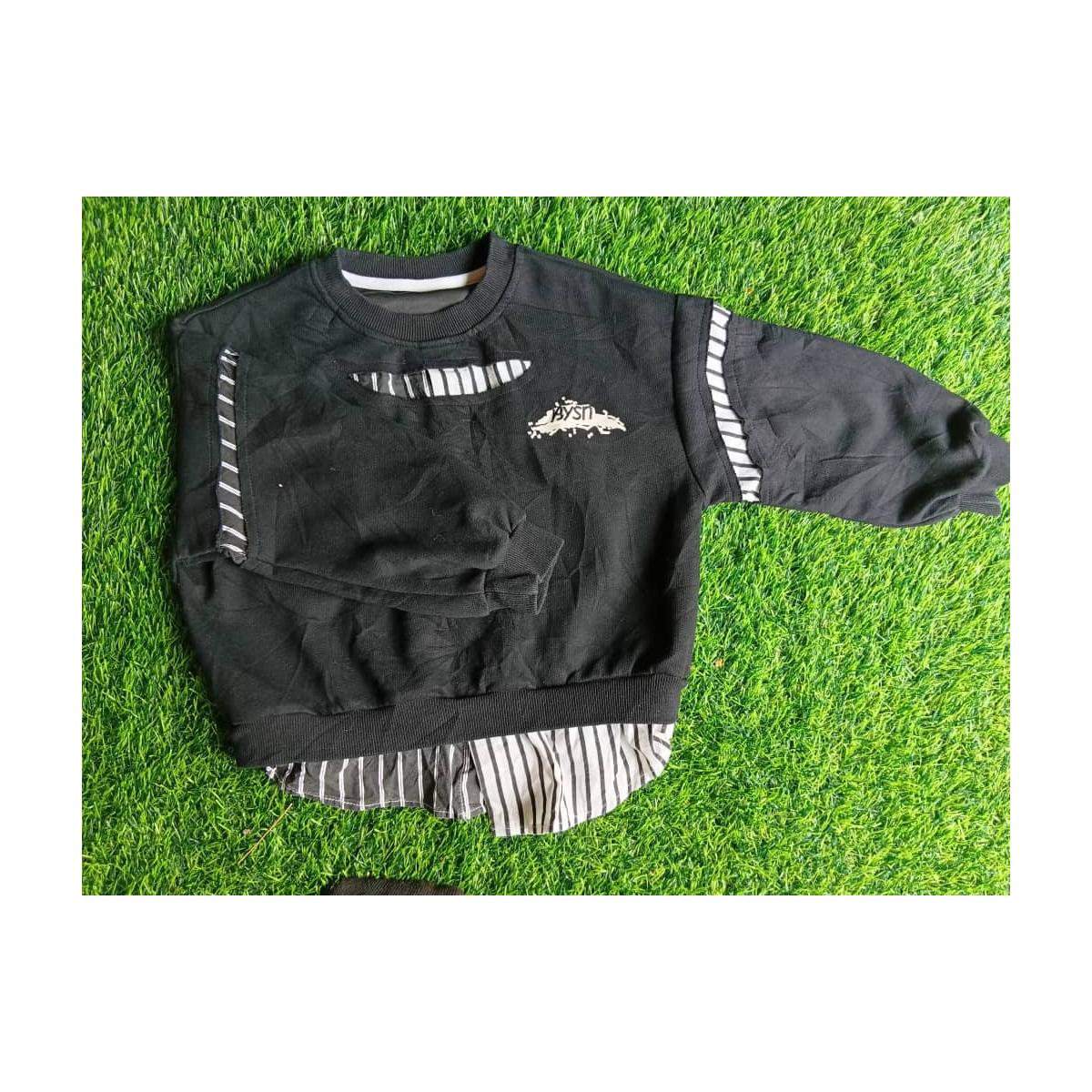 Boys' Black Layered Sweatshirt with Striped Shirt Hem