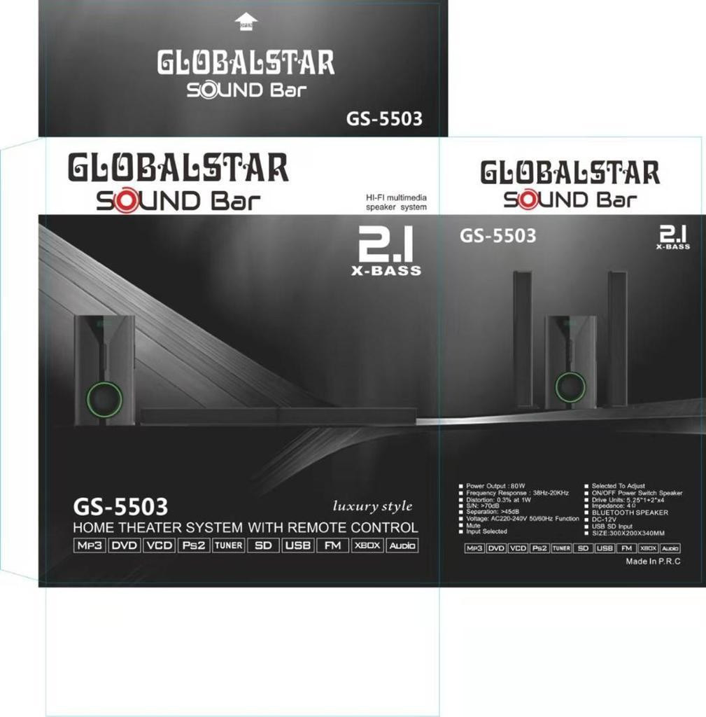 Global Star Sound Bar System Globalstar Soundbar Channel GS-5503 Hifi Enabled Speakers Wireless Soundbar -Black