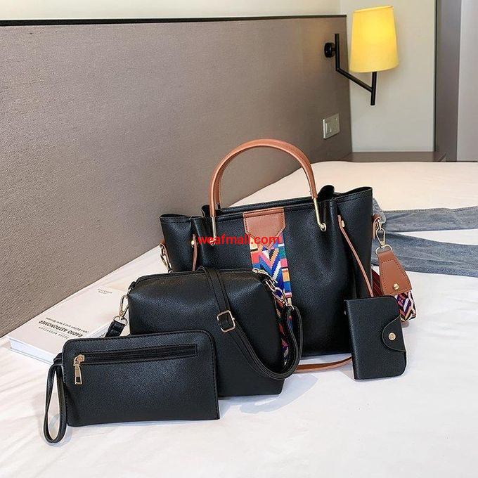 Bekia 4in1 Handbag Set for Women Black Tote Bag Messenger Bag Wallet Card Holder PU Leather Luxury Ladies Shoulder Crossbody Bags NS Ribbon