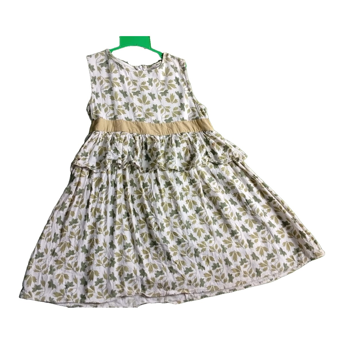 Girls' Cream Leaf Print Dress with Tan Waistband
